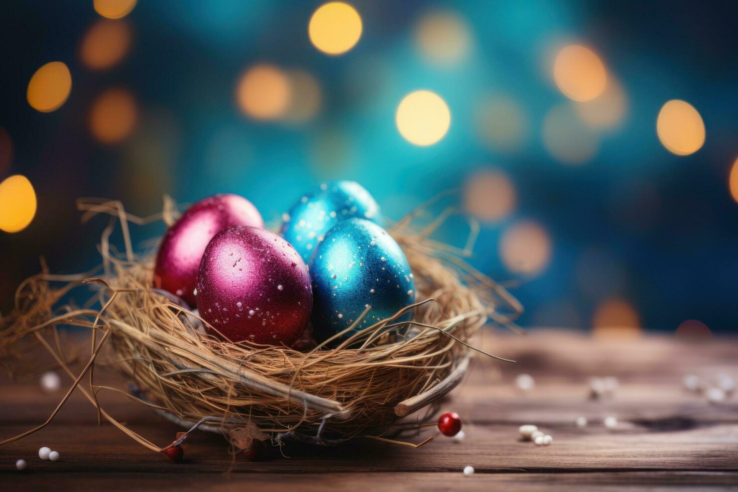 AI generated easter egg coloring with blue bokeh over wooden table and nest photo