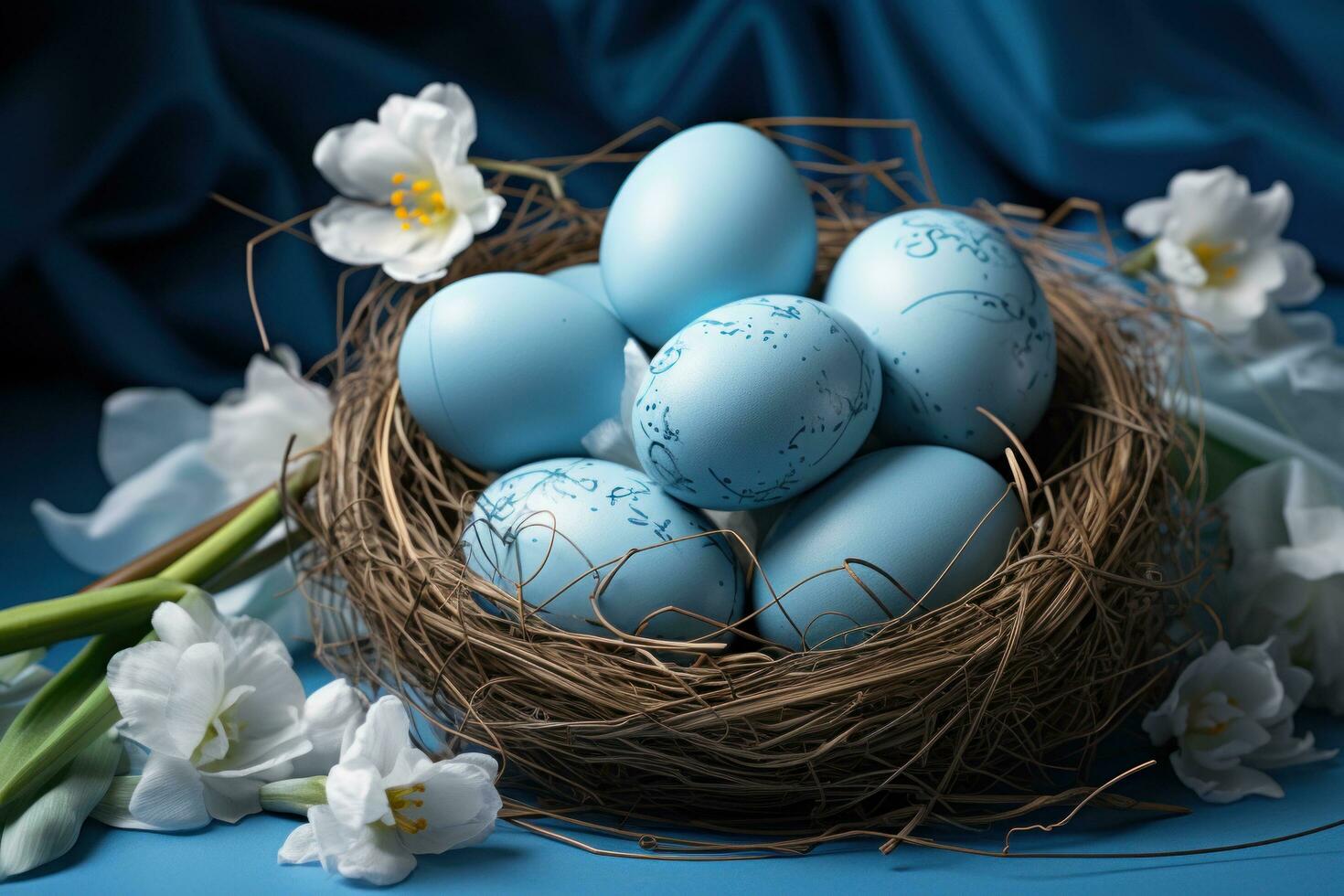AI generated easter egg coloring with blue bokeh over wooden table and nest photo