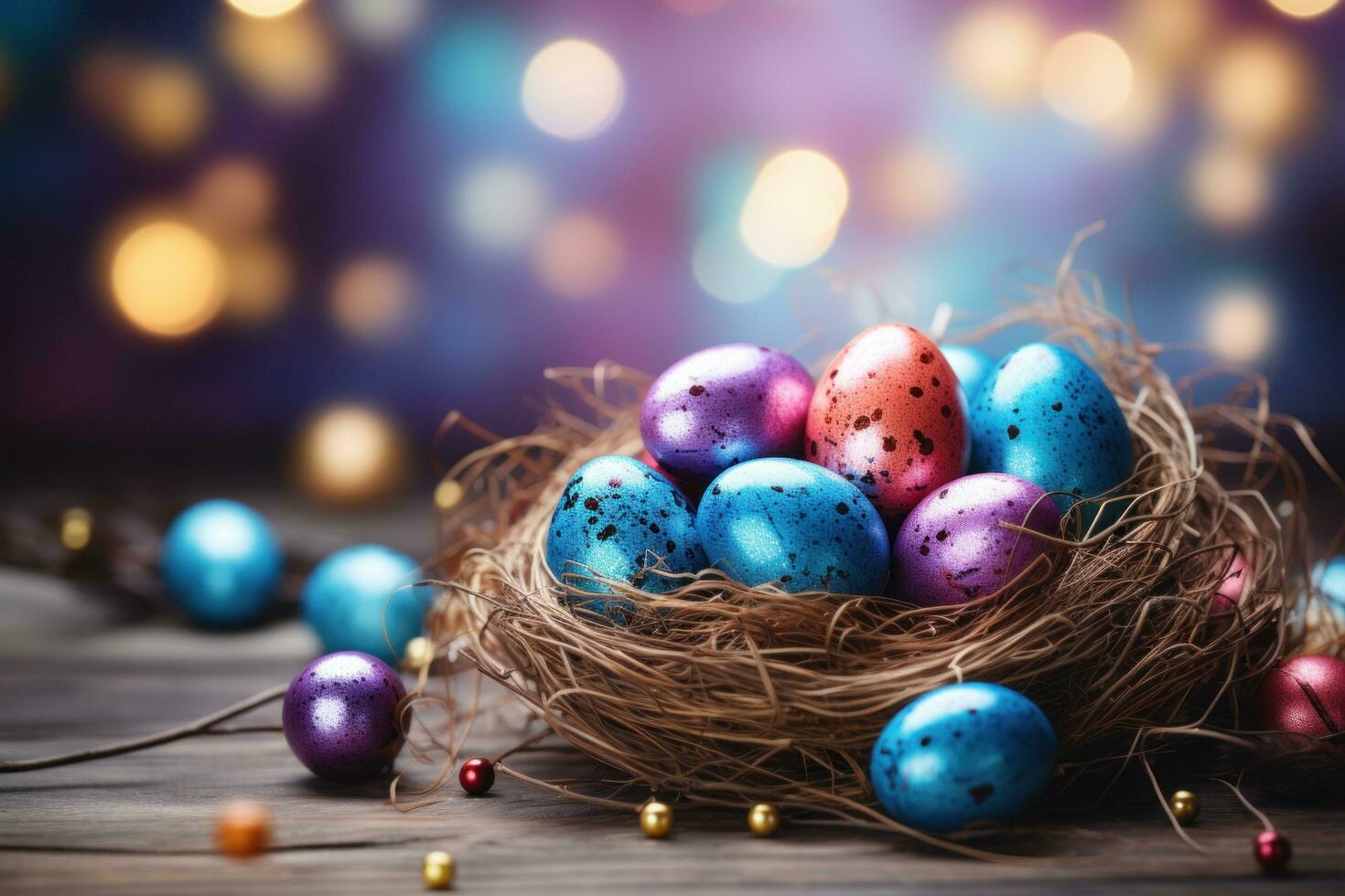 AI generated easter egg coloring with blue bokeh over wooden table and nest photo