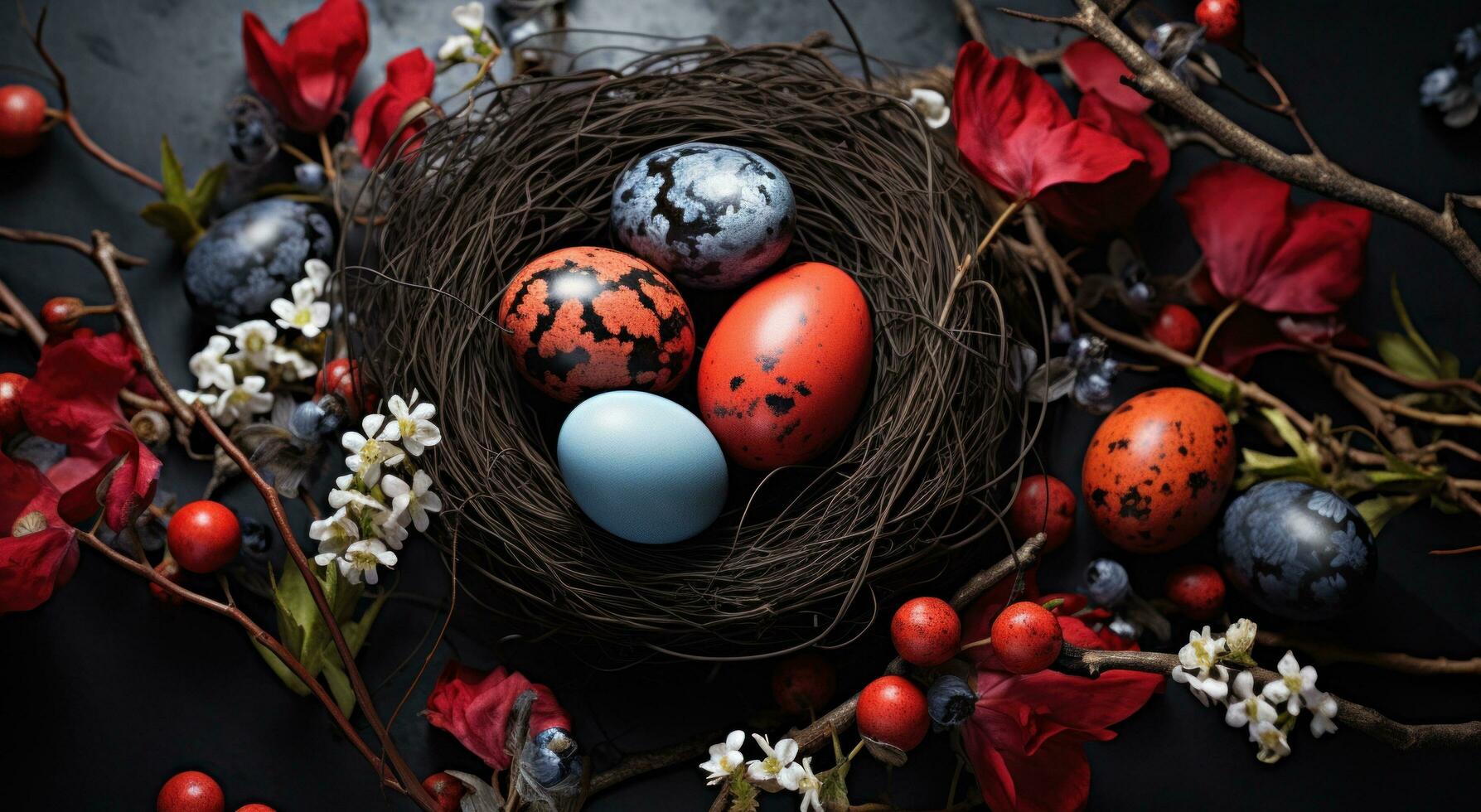 AI generated colorful easter eggs in a nest on the stone table, photo