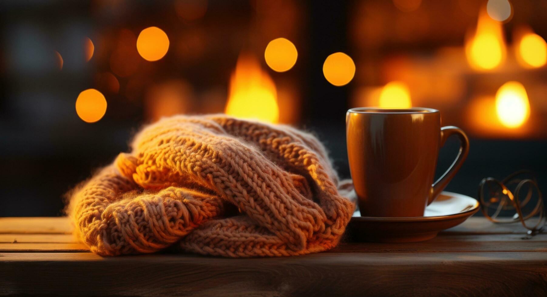 AI generated cup of coffee and knitted scarf on a wooden table in near front of fireplace at winter photo