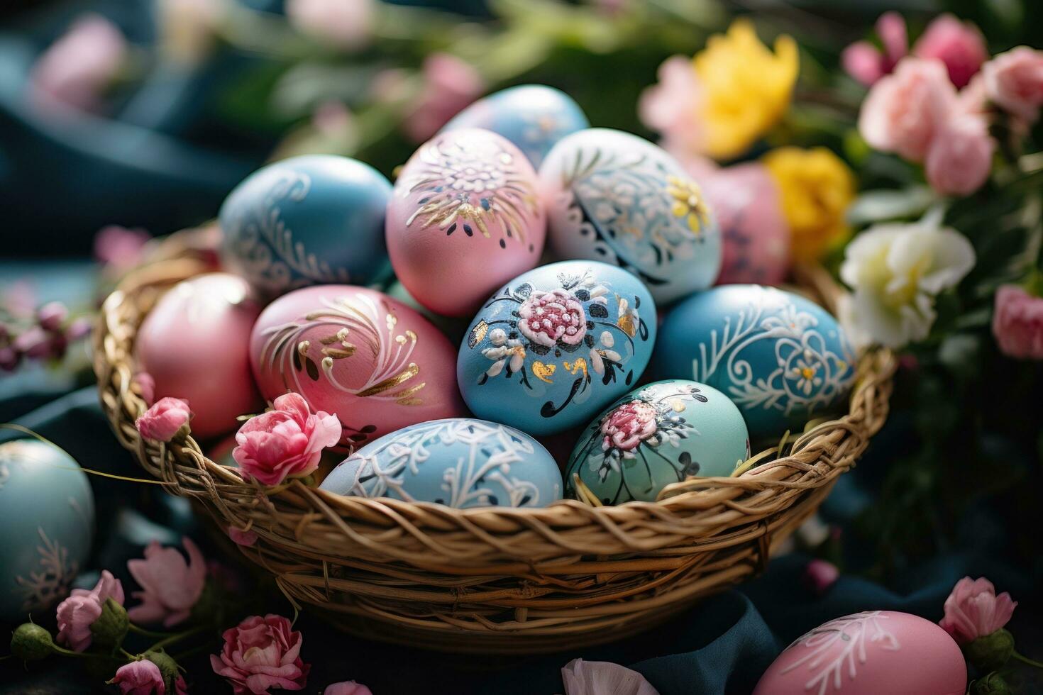 AI generated colorful easter eggs in basket surrounded by flowers, photo