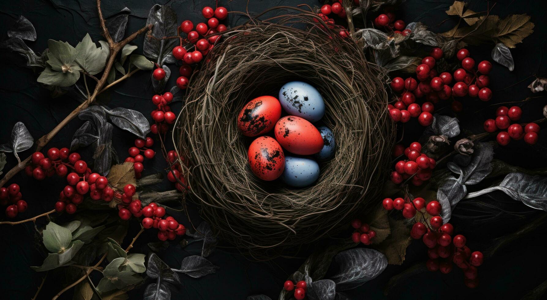 AI generated colorful easter eggs in a nest on the stone table, photo