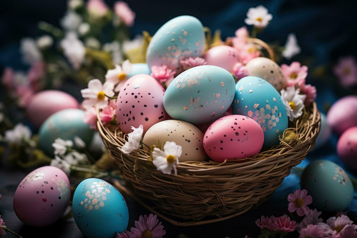 AI generated colorful easter eggs in basket surrounded by flowers, photo