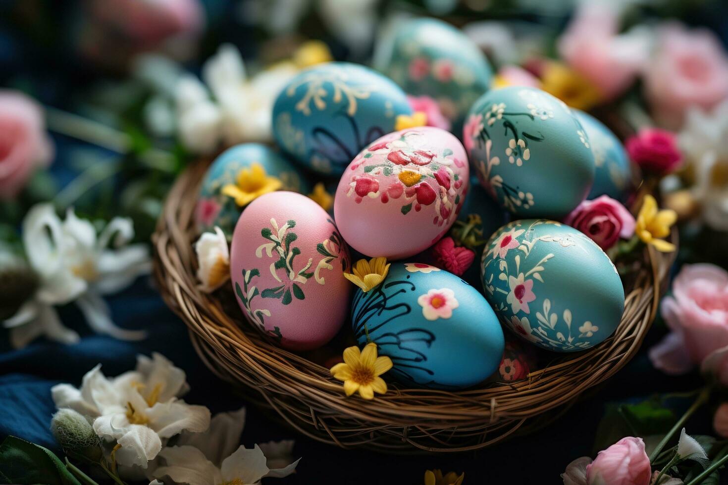AI generated colorful easter eggs in basket surrounded by flowers, photo