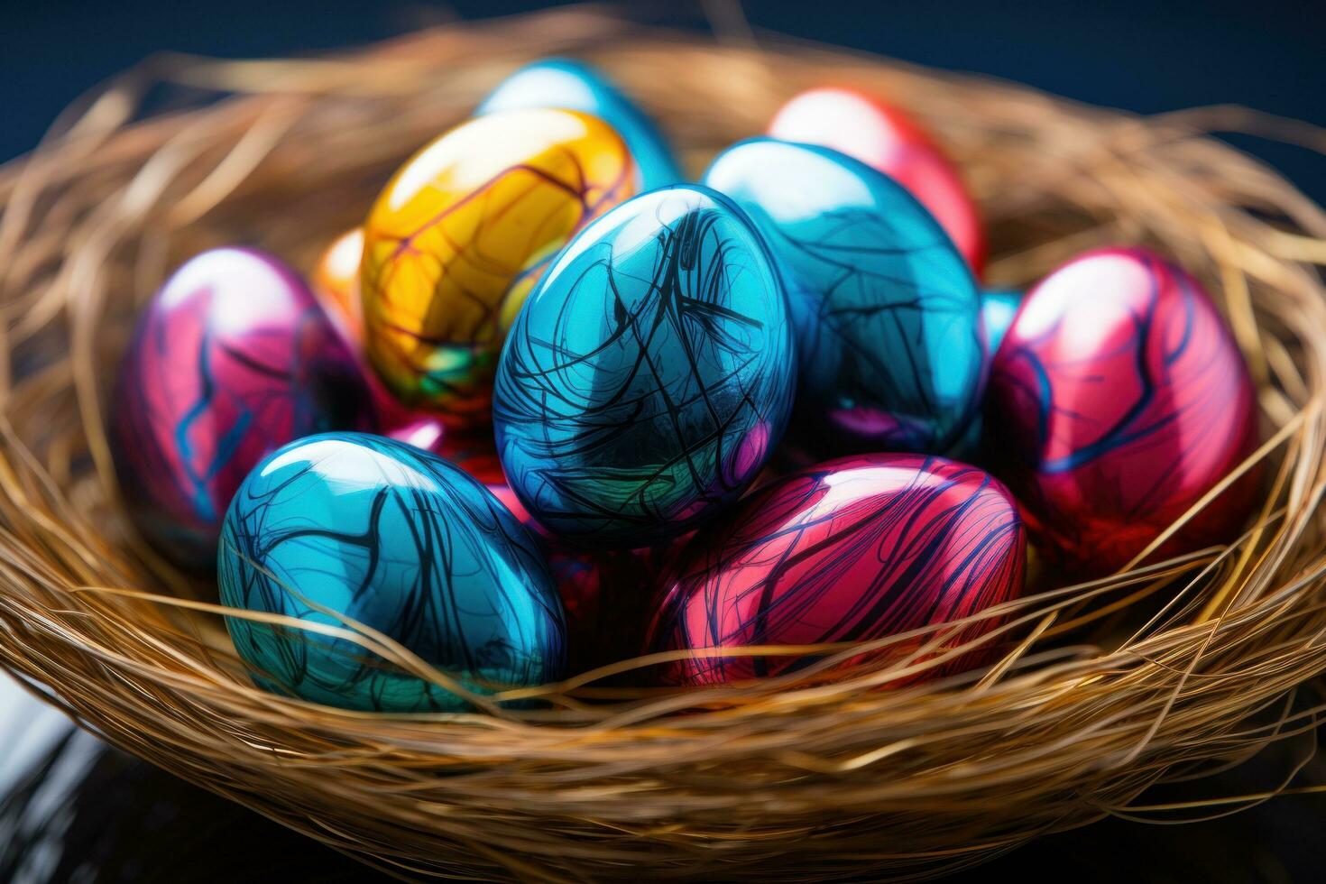 AI generated colorful easter eggs in a nest framed with beautiful colors of rainbow over bluish sky photo