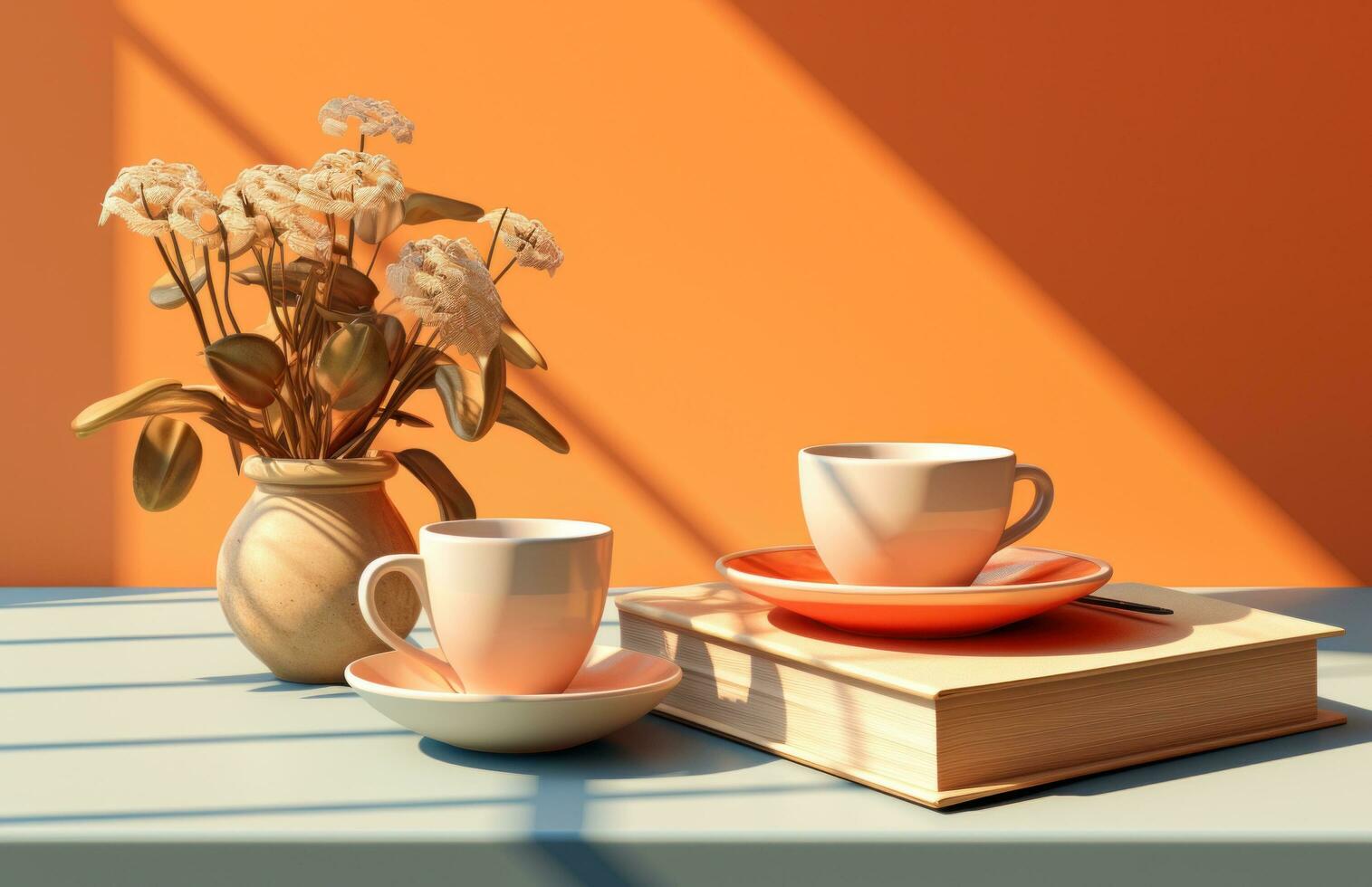 AI generated coffee cup and saucer on a table is paired with books photo
