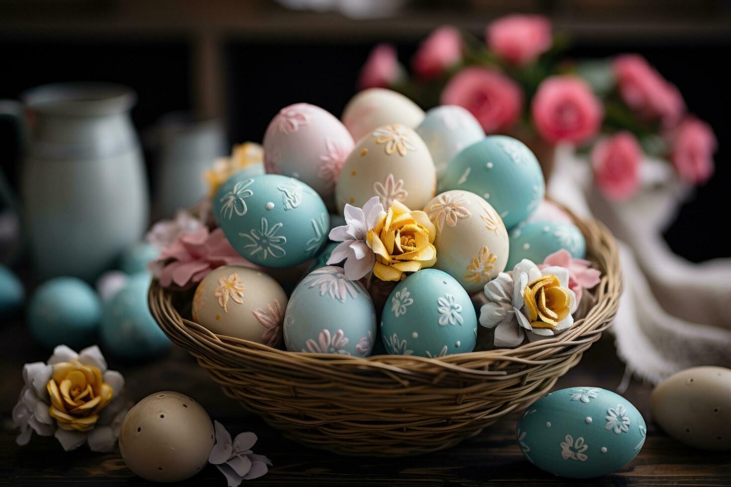 AI generated colorful easter eggs in a basket with pink flowers photo