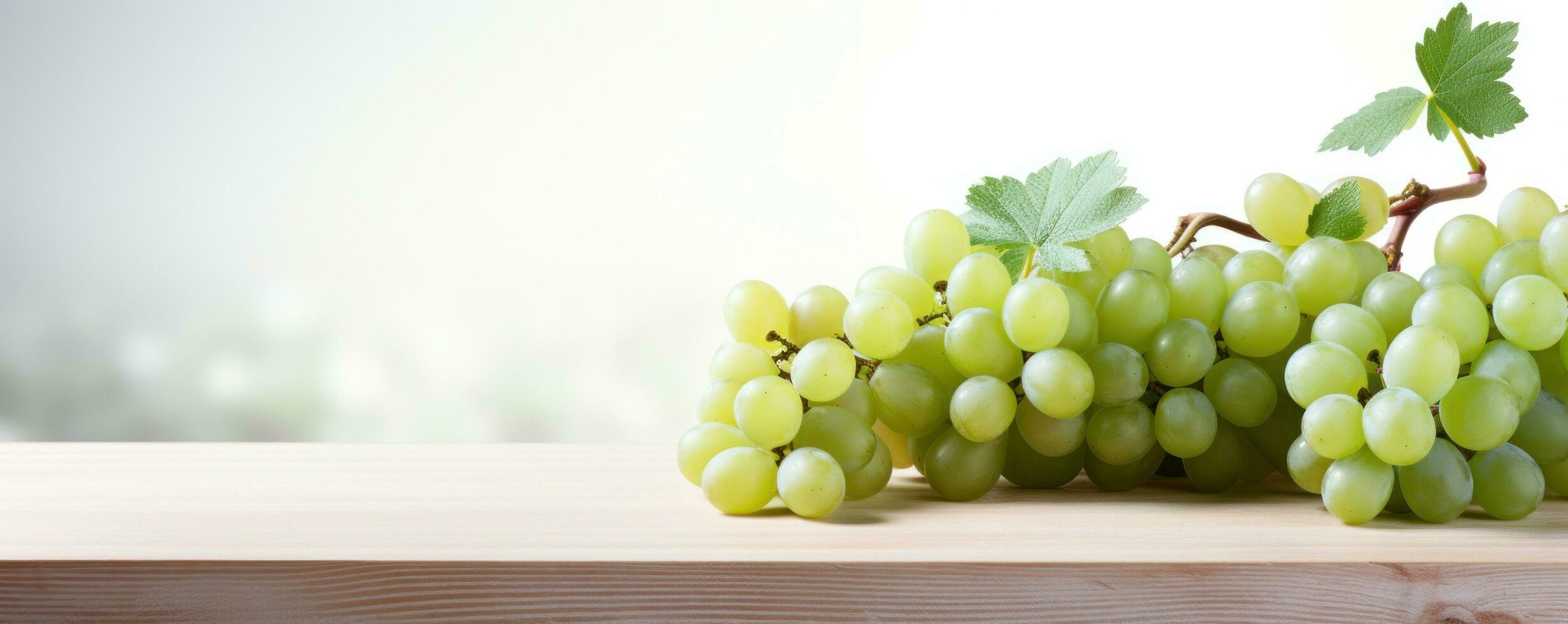 AI generated close up of green grapes with white wood background photo