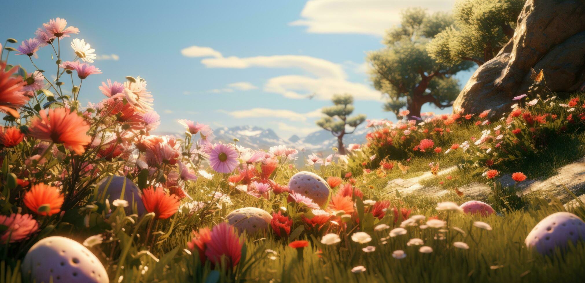 AI generated an easter scene with easter eggs photo