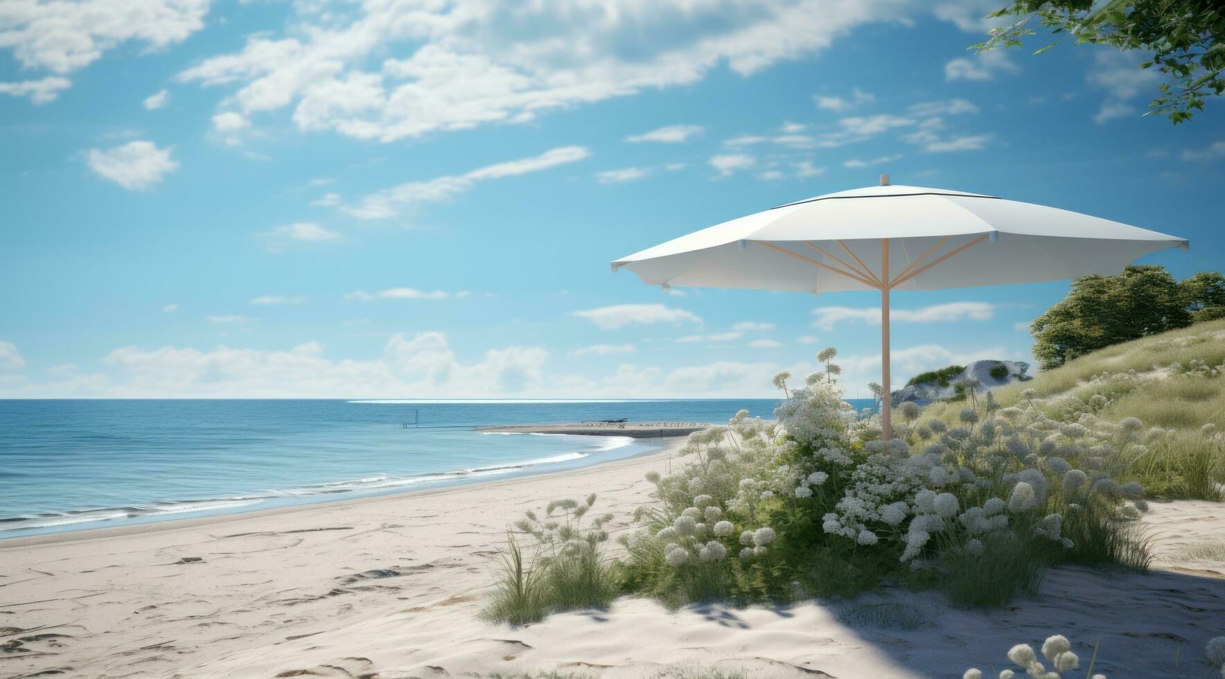 AI generated an umbrella hung on the sand by the beach photo