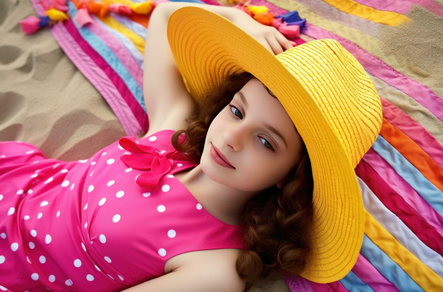 ai generado hermosa niña acostado en toalla y sombrero en playa foto