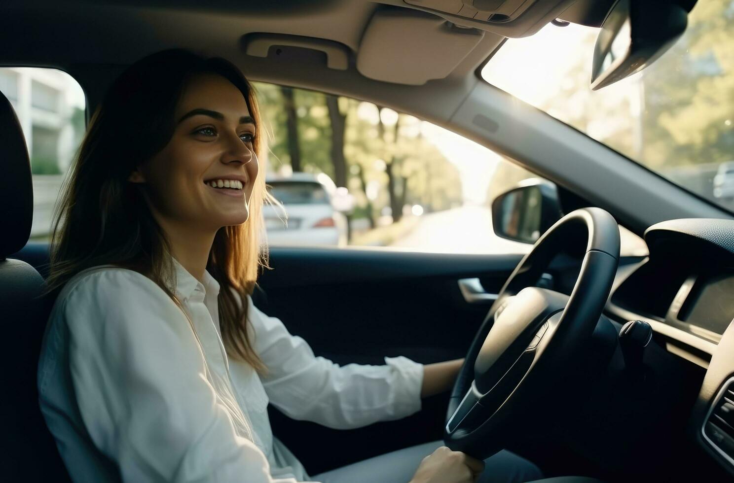 AI generated a young woman showing her keys while driving a car photo