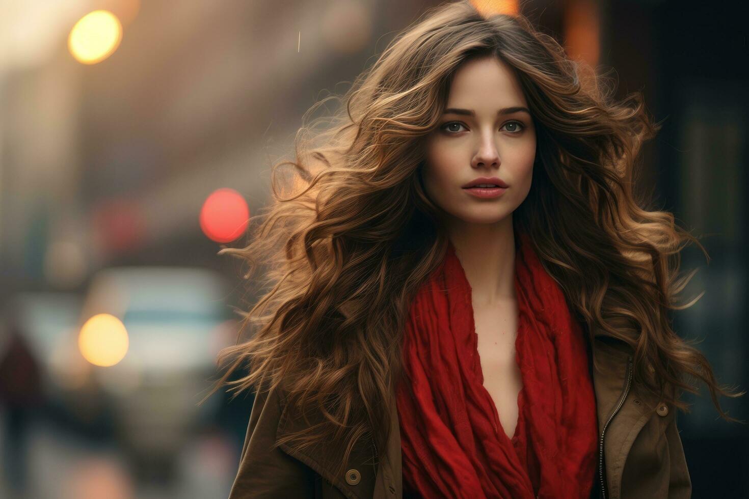 AI generated a woman with long hair is walking on the street photo