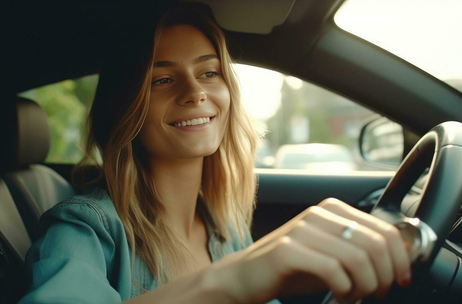 AI generated a young woman showing her keys while driving a car photo
