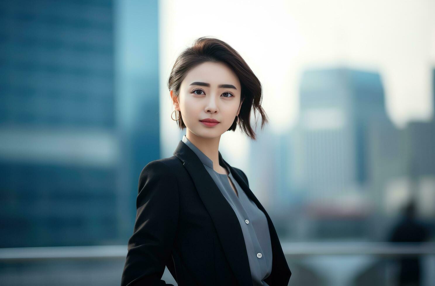 AI generated a young business woman standing in front of a city background photo