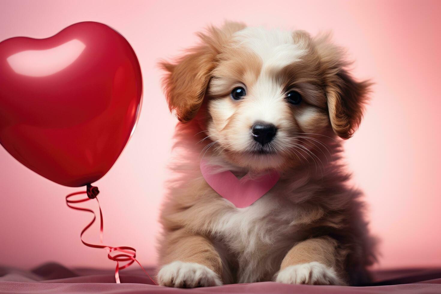 AI generated adorable puppy holding heart shaped pink balloon photo