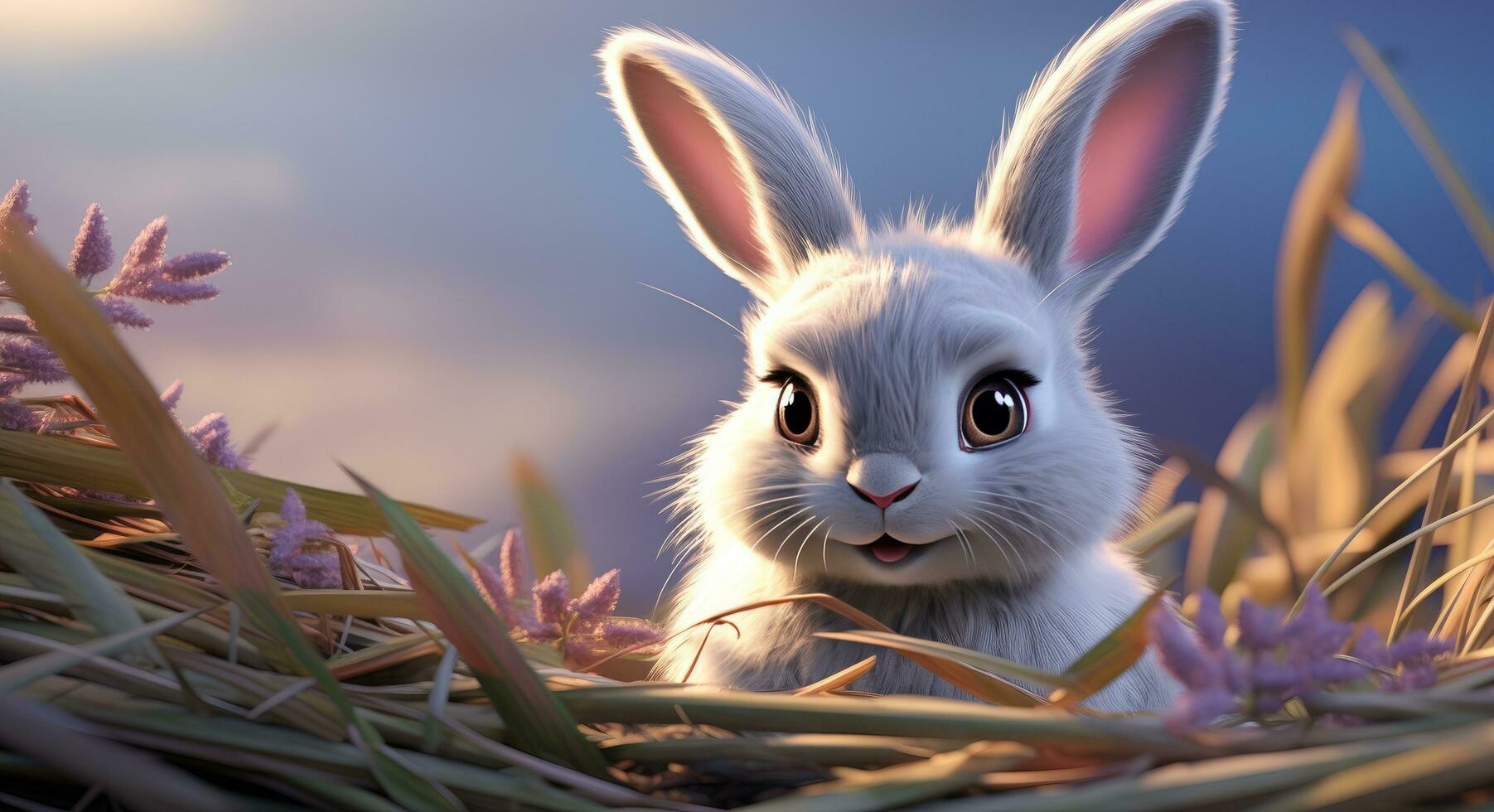 AI generated a white bunny behind a pile of grass photo
