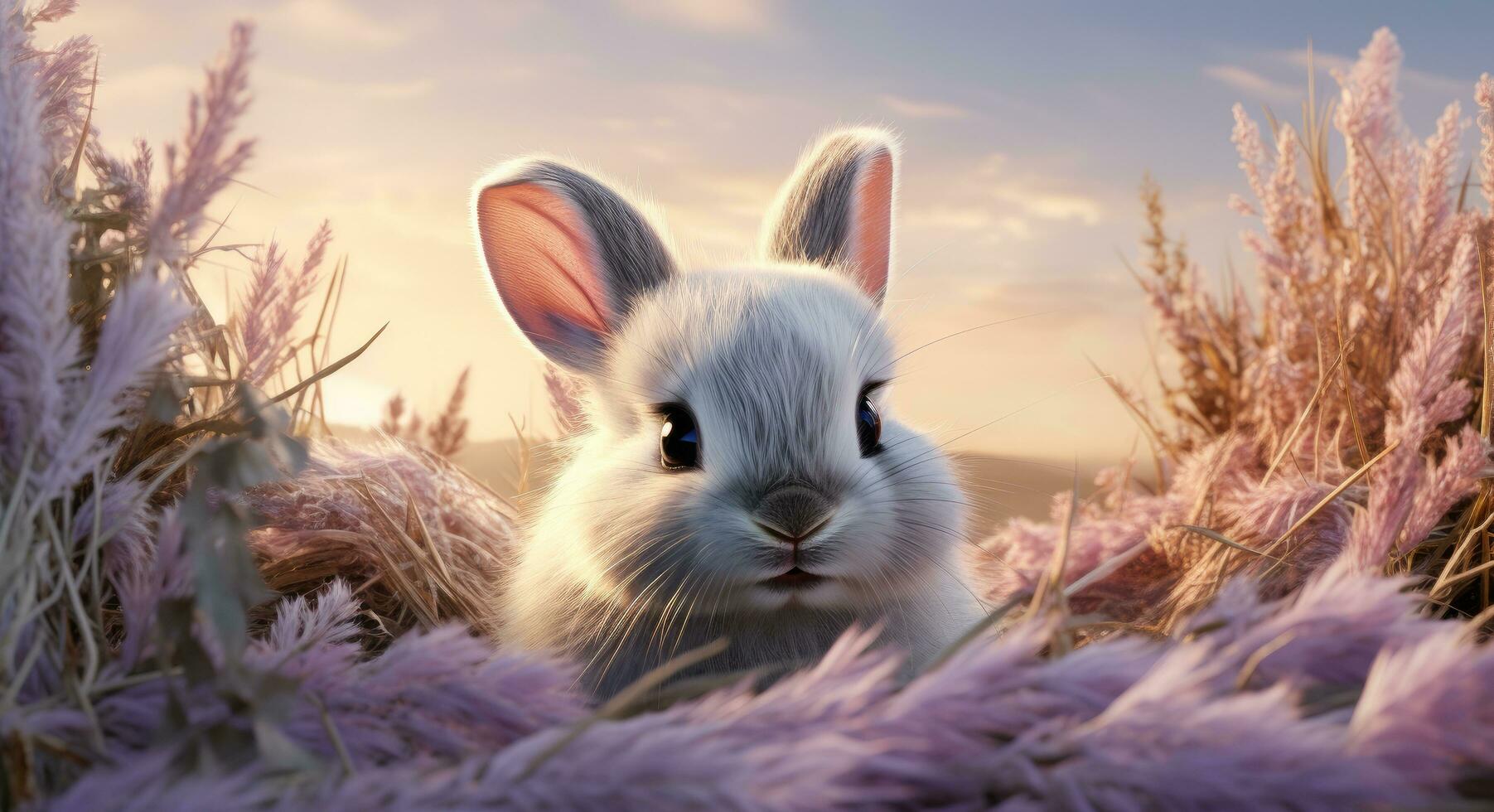 AI generated a white bunny behind a pile of grass photo