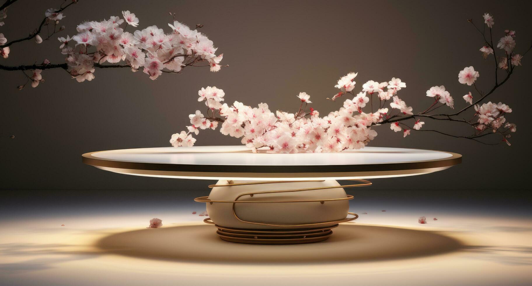 ai generado un blanco circular mesa con rosado flores flor foto