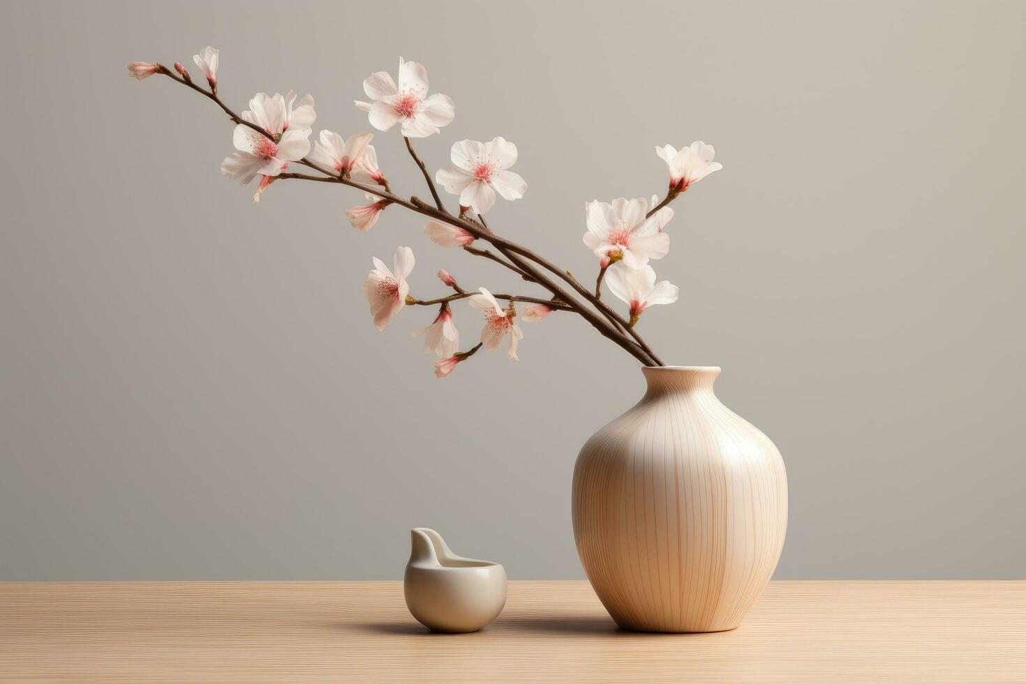 AI generated a white vase with pink flowers on a wooden stand photo