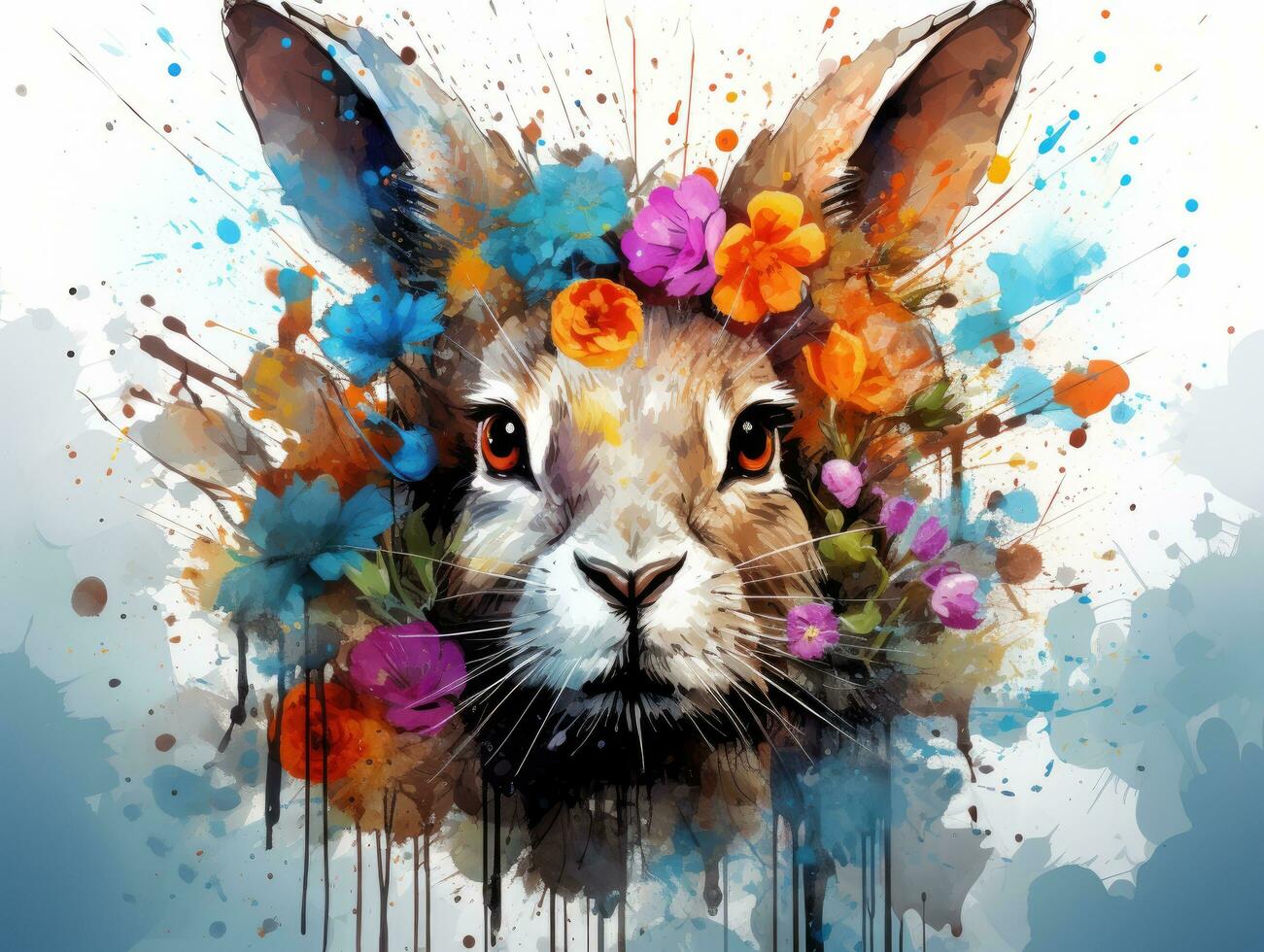 AI generated a watercolor illustration of a rabbit with colored splatters on it photo