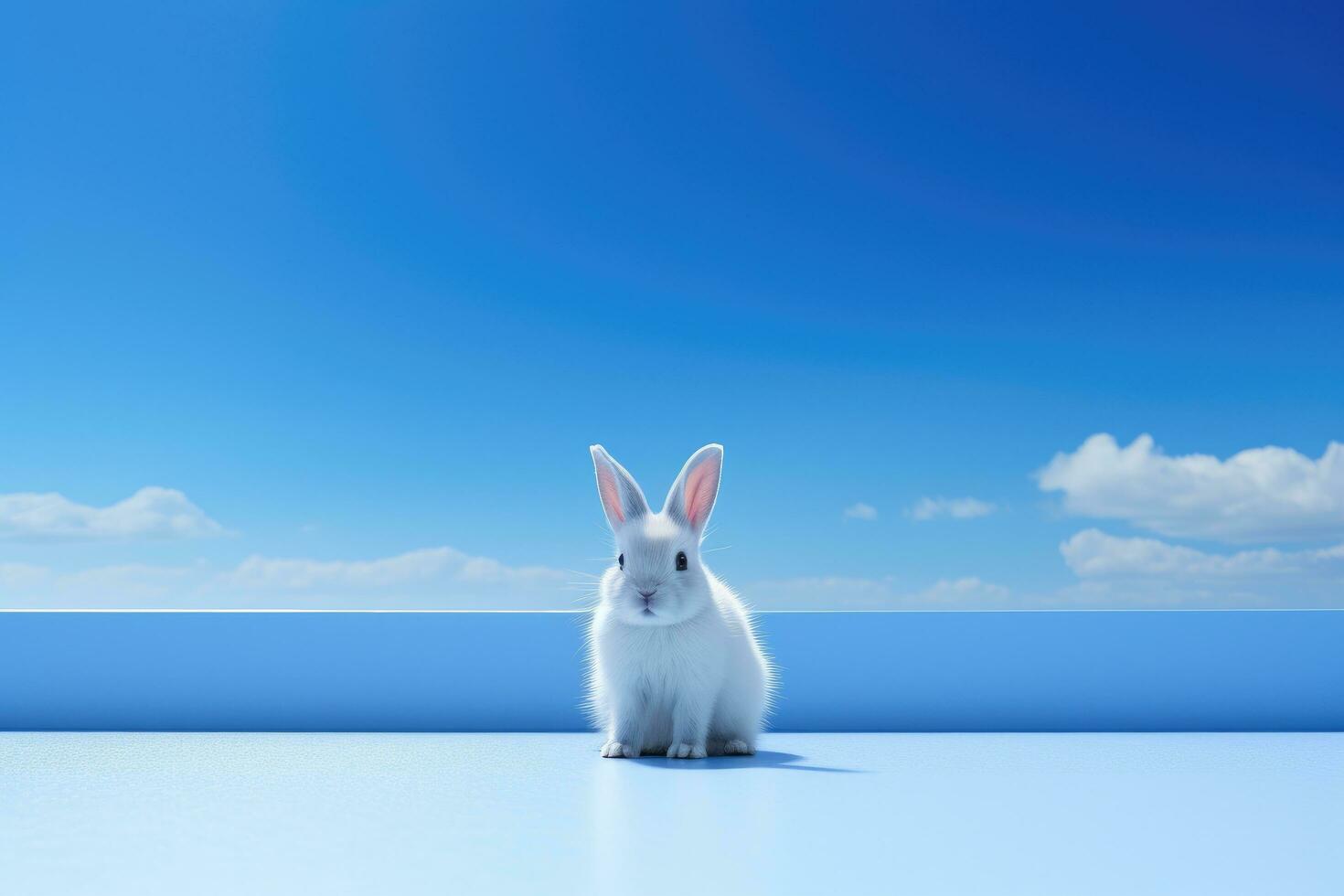 ai generado un blanco Conejo es mirando terminado el caja de azul detrás él foto