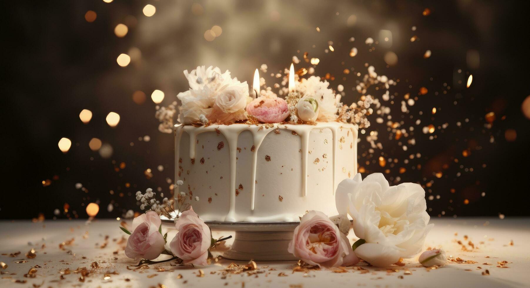 AI generated a white cake surrounded by confetti and sprinkles photo