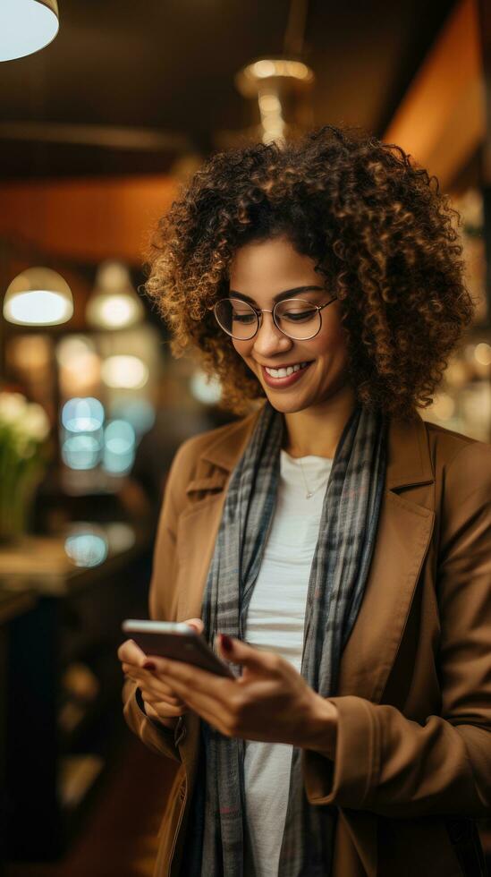 ai generado un mujer de negocios mirando a su teléfono mientras en pie en línea a un café tienda foto