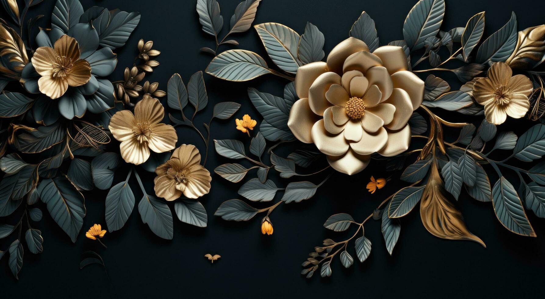 AI generated a decorative background of gold and green leaves photo