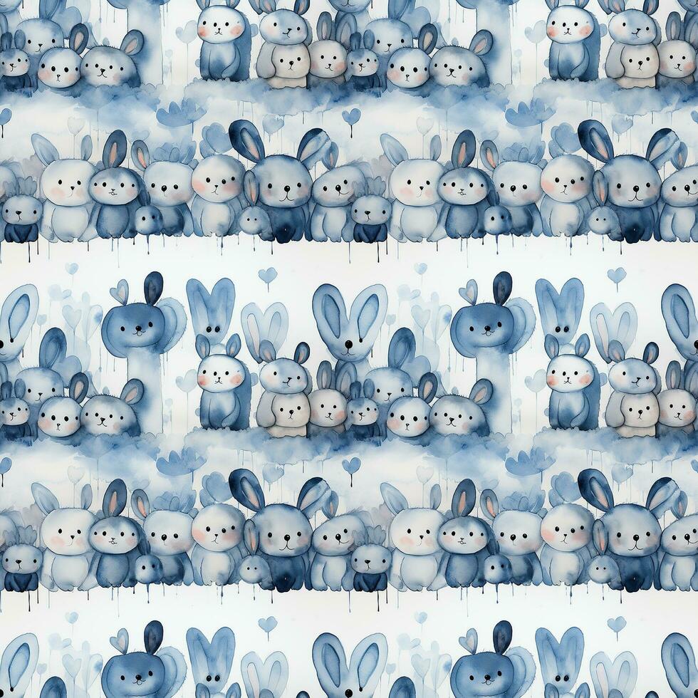 AI generated rabbit heart blue watercolor children's fabric with animals  seamless pattern background photo