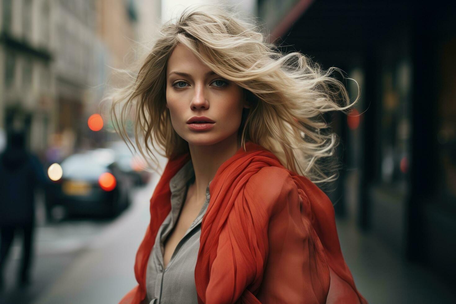 AI generated a blonde with flowing silky hair standing up walking on a city street photo