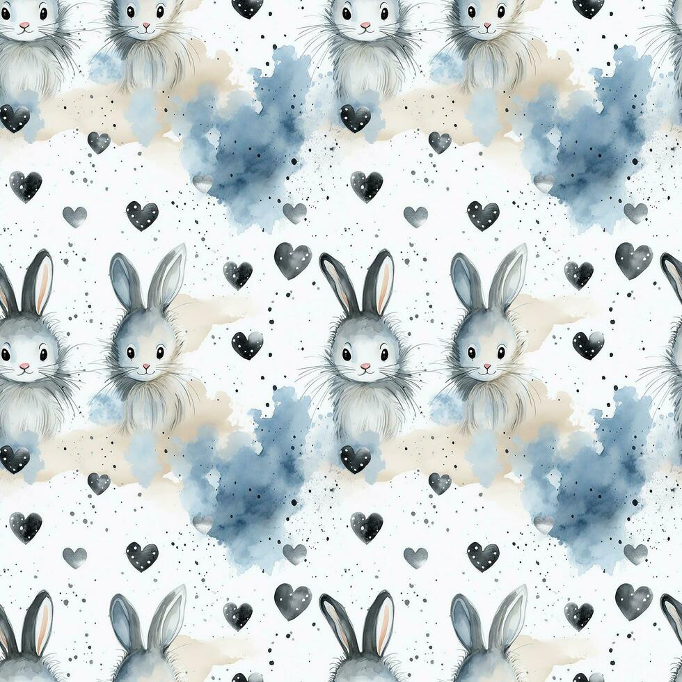 AI generated rabbit heart blue watercolor children's fabric with animals  seamless pattern background photo