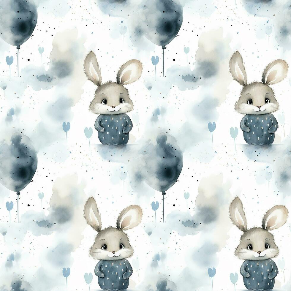 AI generated rabbit heart blue watercolor children's fabric with animals  seamless pattern background photo