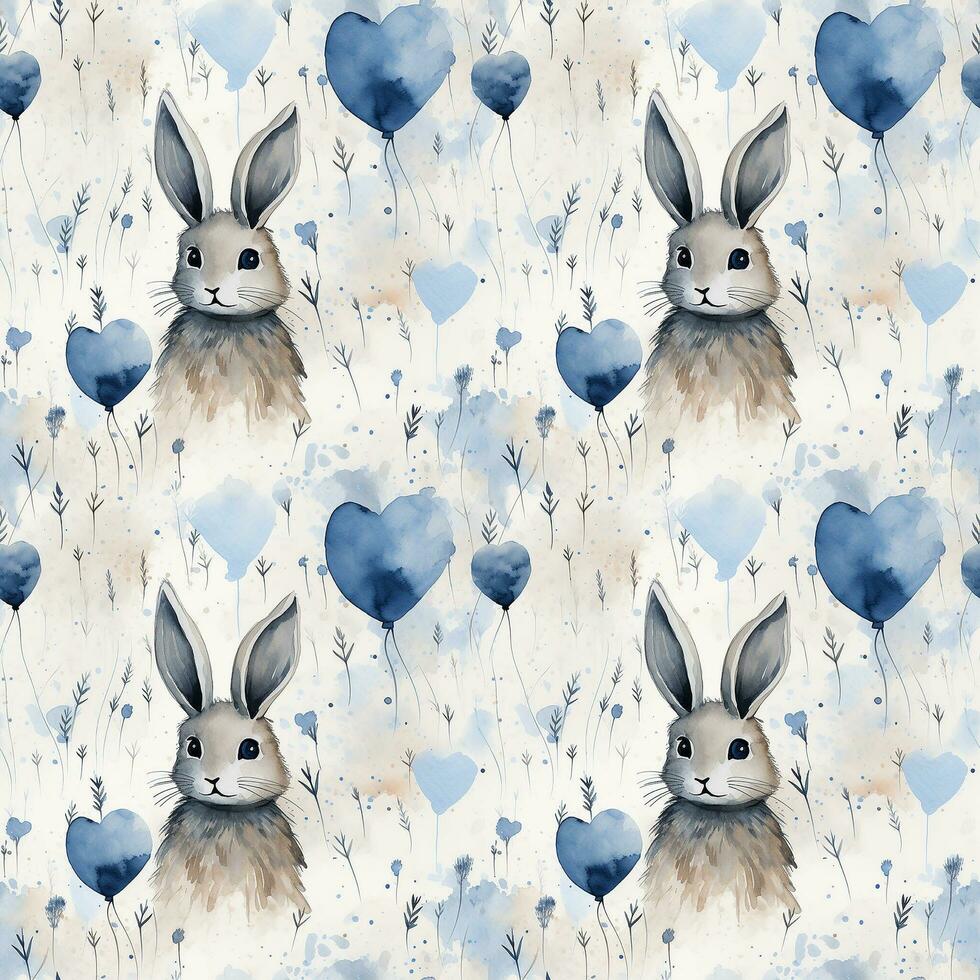AI generated rabbit heart blue watercolor children's fabric with animals  seamless pattern background photo