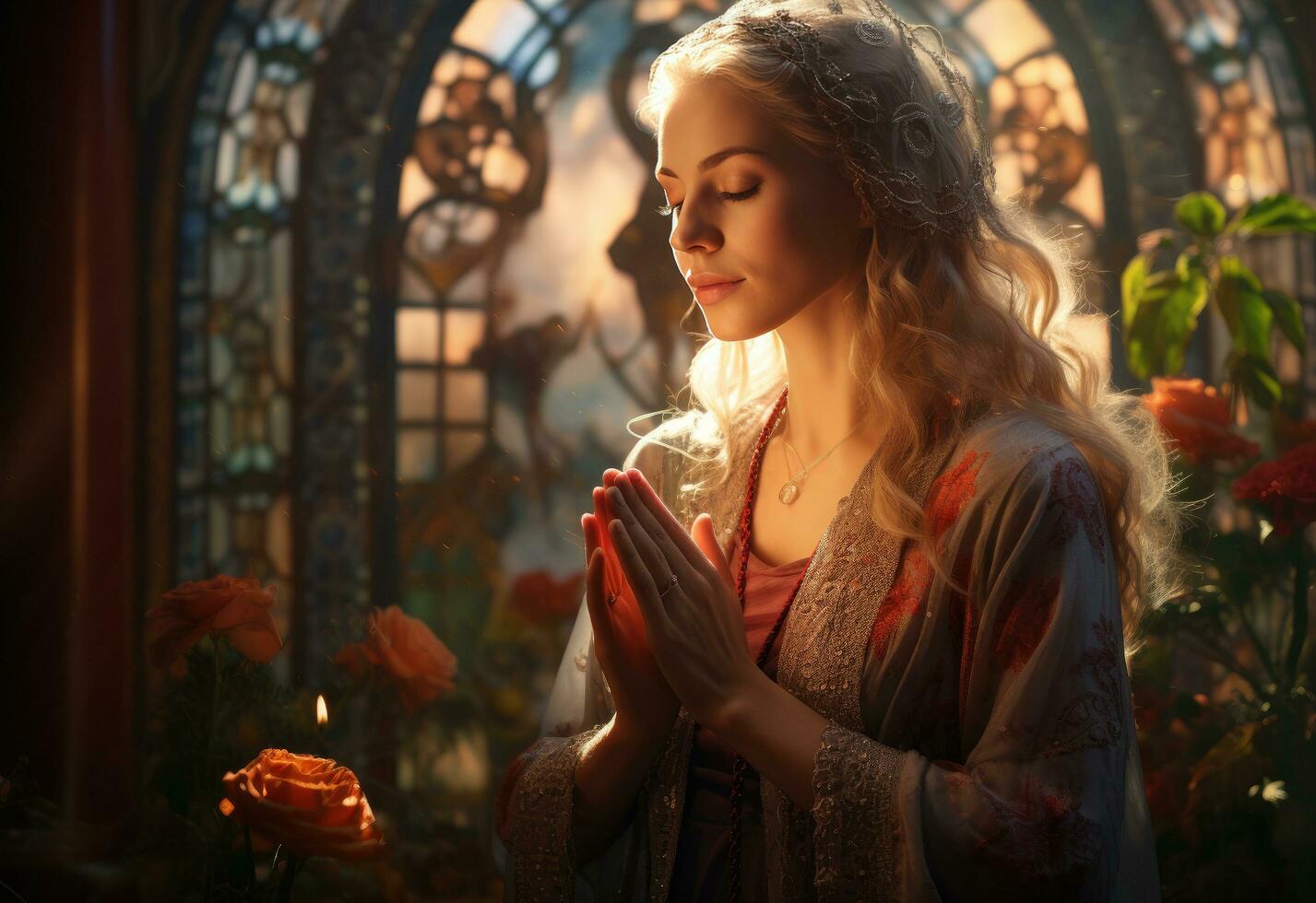 AI generated a woman praying with the rosary photo