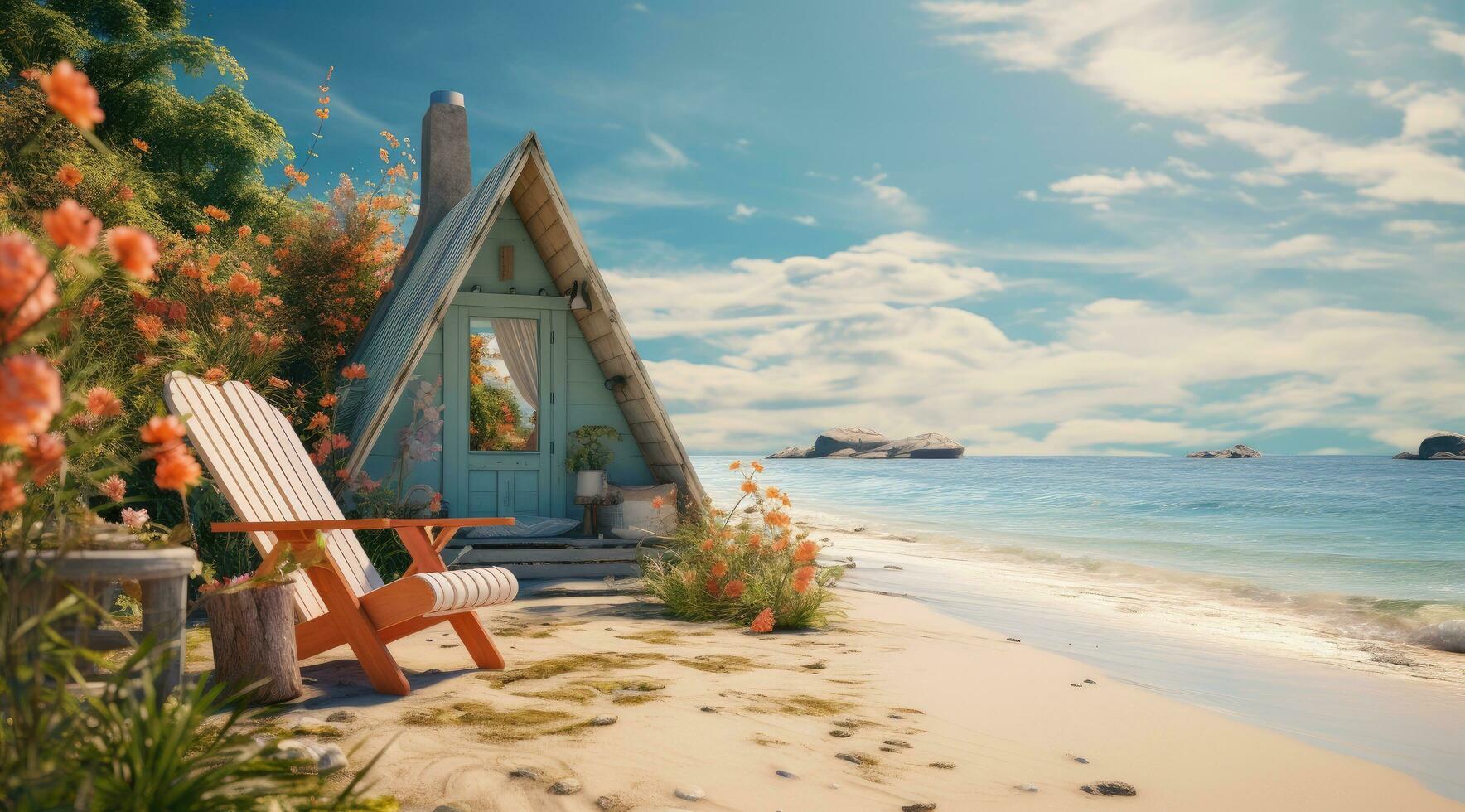 AI generated a small cottage on the sand with an umbrella photo