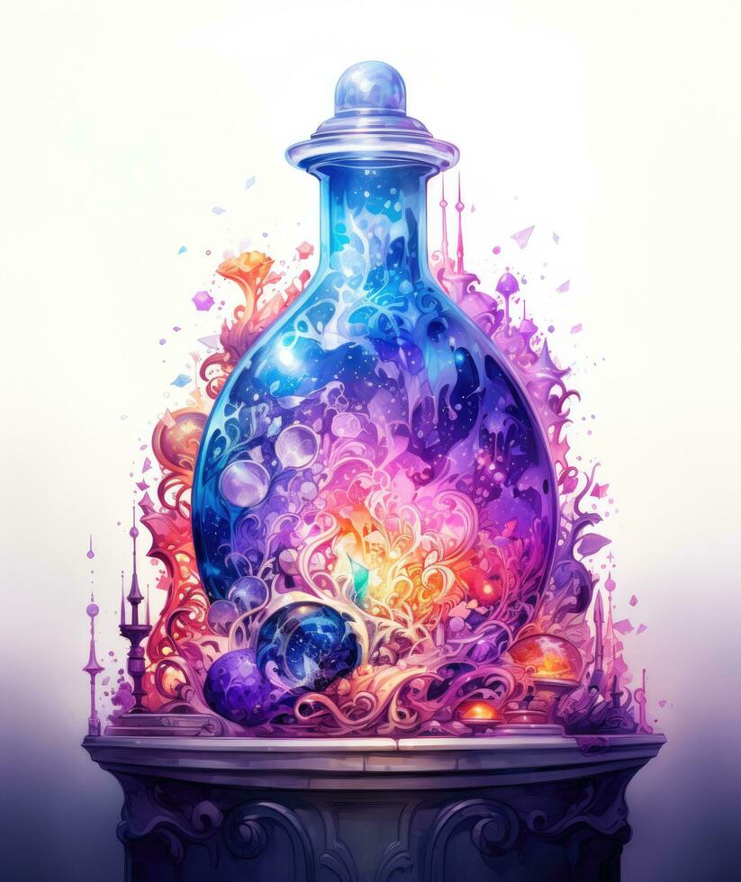 AI generated a bottle with colorful colorful magic in it photo