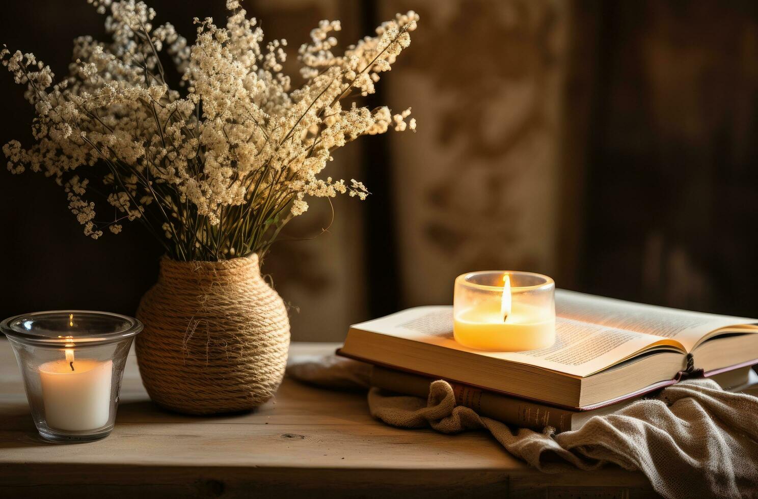 AI generated a book, candle, flowers and a candle sitting on the table photo