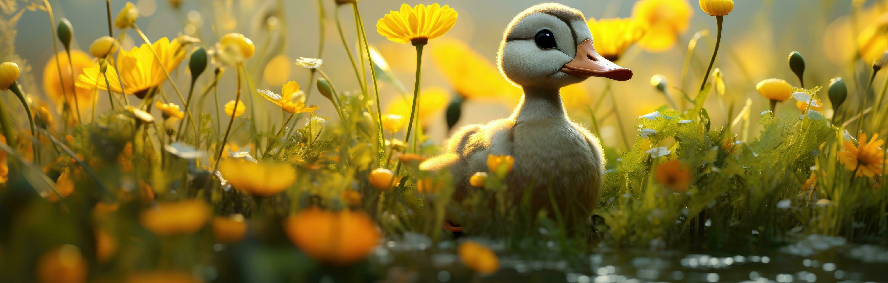 AI generated a small duckling standing in tall grass with lots of yellow flowers photo