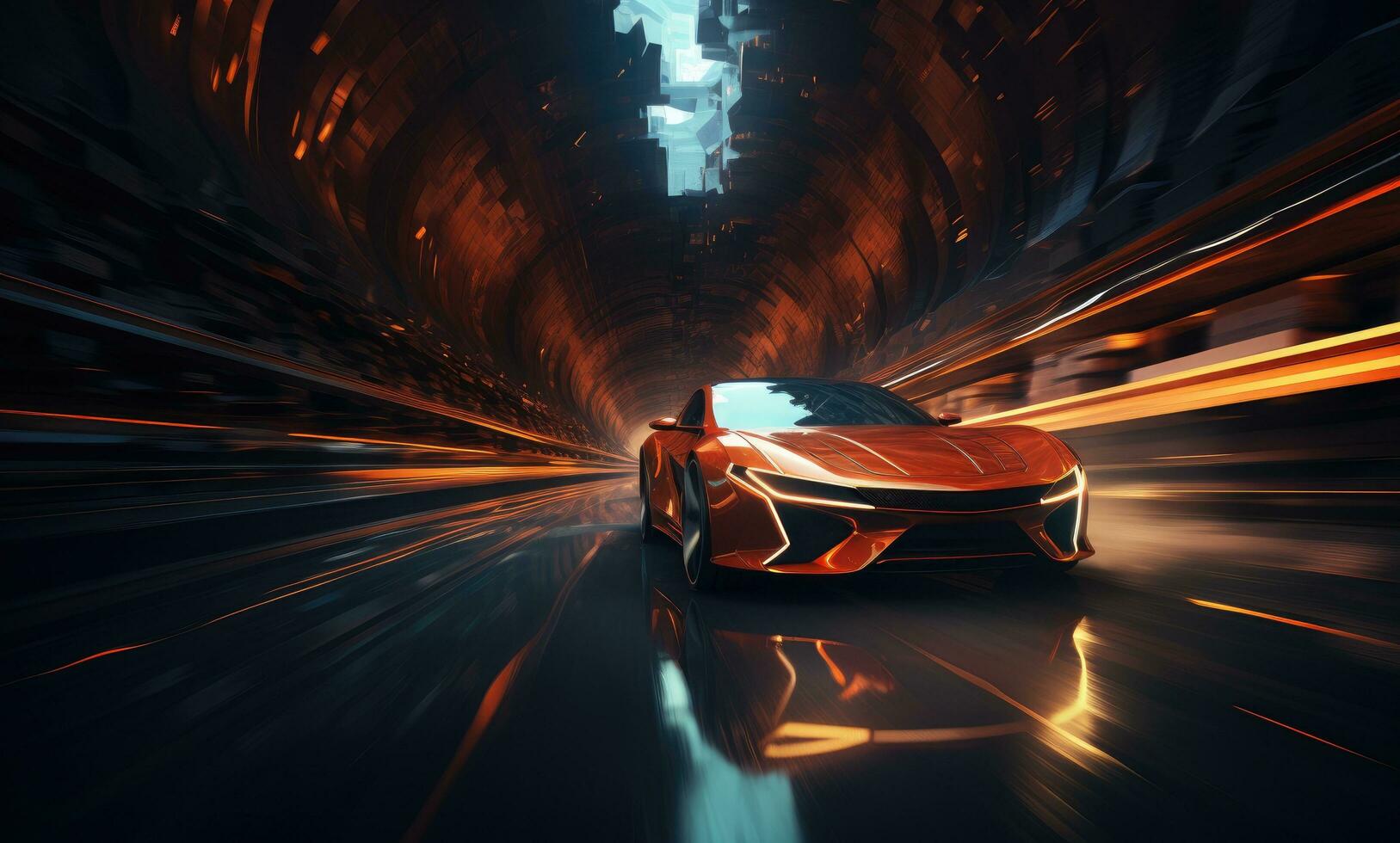AI generated a blue racing car in a highway tunnel photo