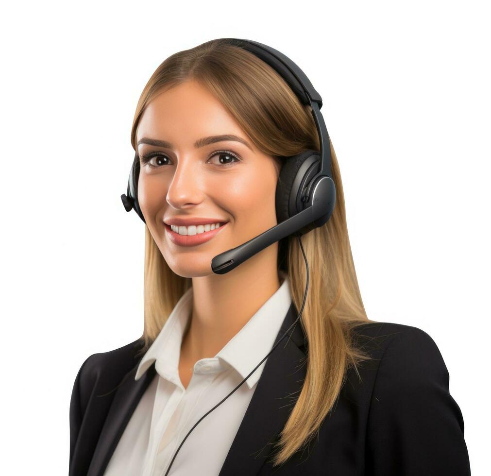 AI generated businesswoman with headset on smiling against white background photo