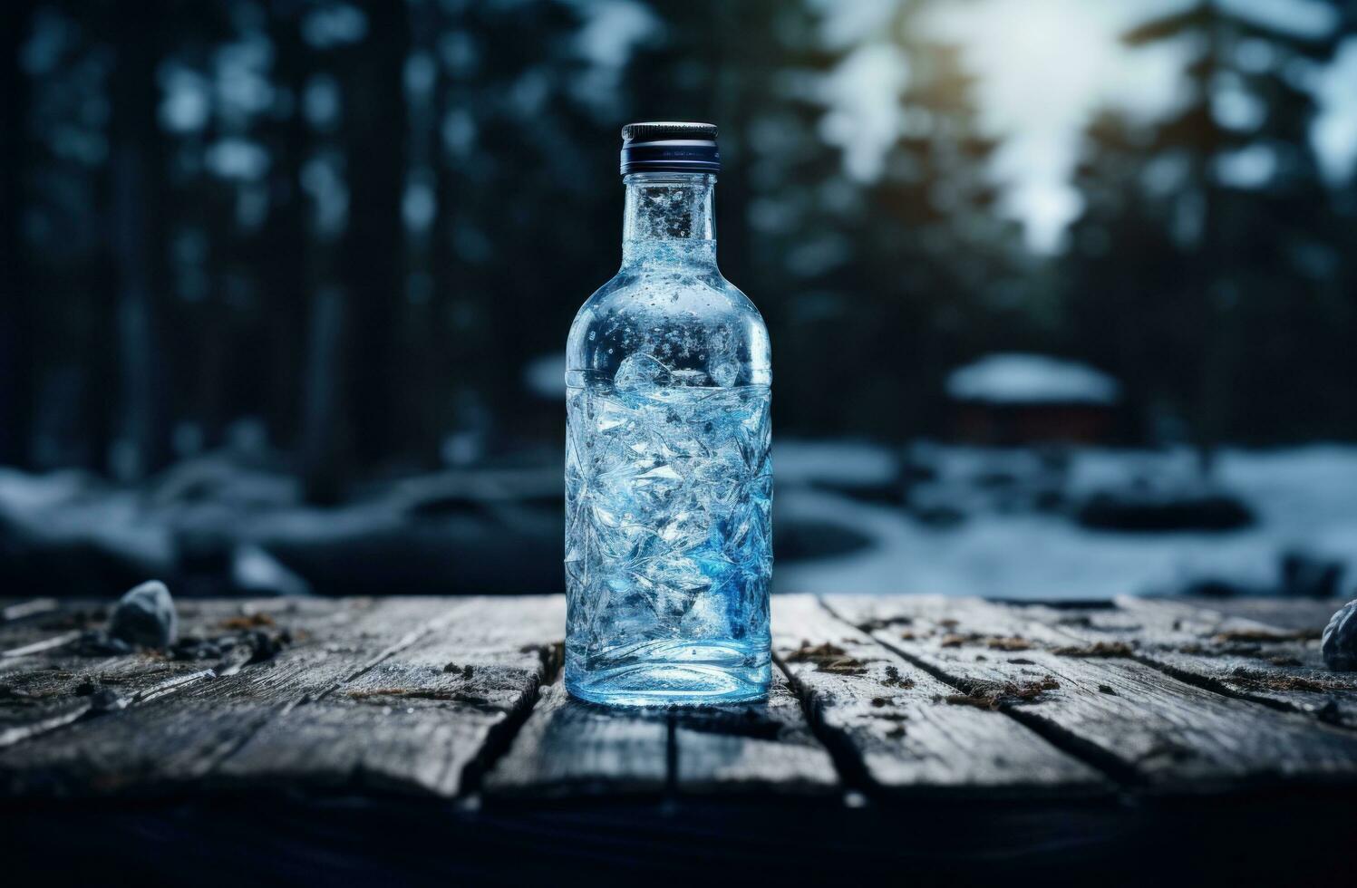 AI generated bottle of ice with rain sitting on a table photo