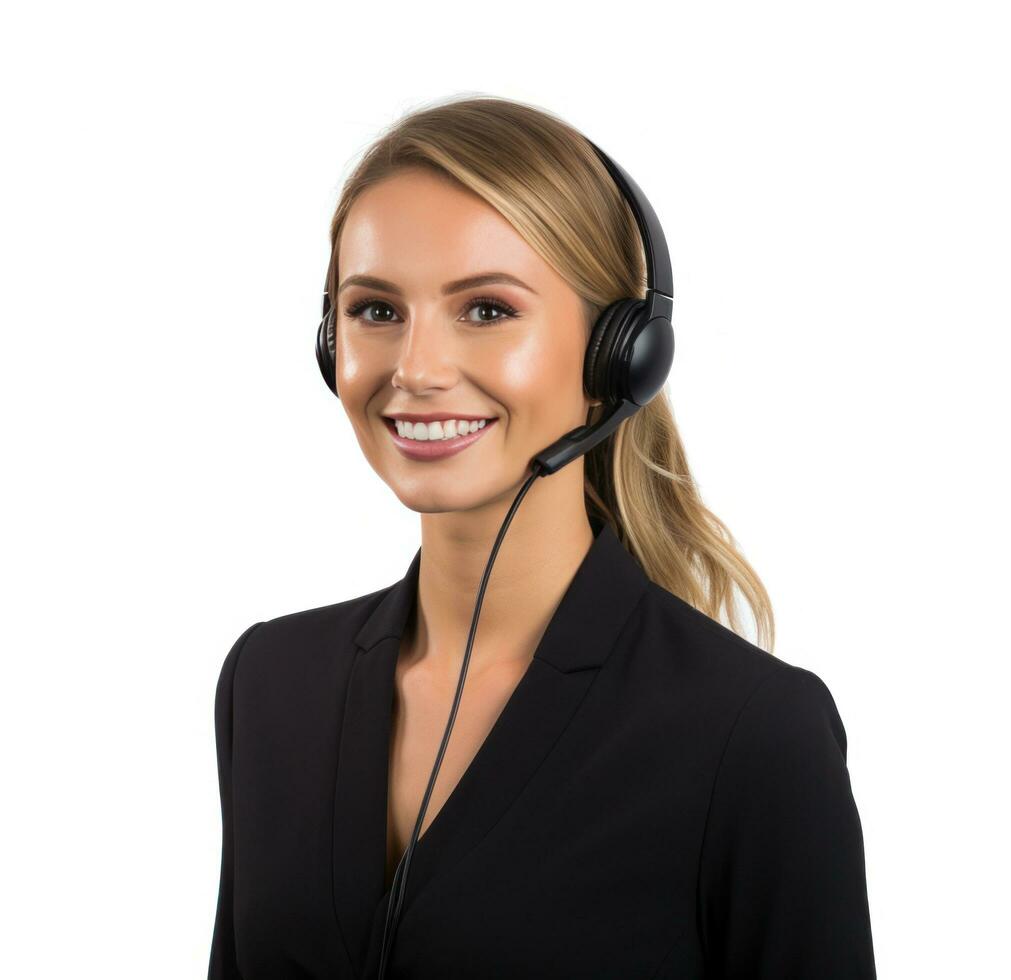 AI generated businesswoman with headset on smiling against white background photo