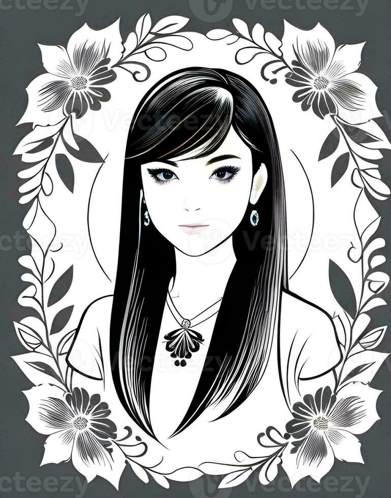 AI generated Fantasy generative AI on the theme of Belladonna. Black and White portrait of a fairytale woman in floral style. photo