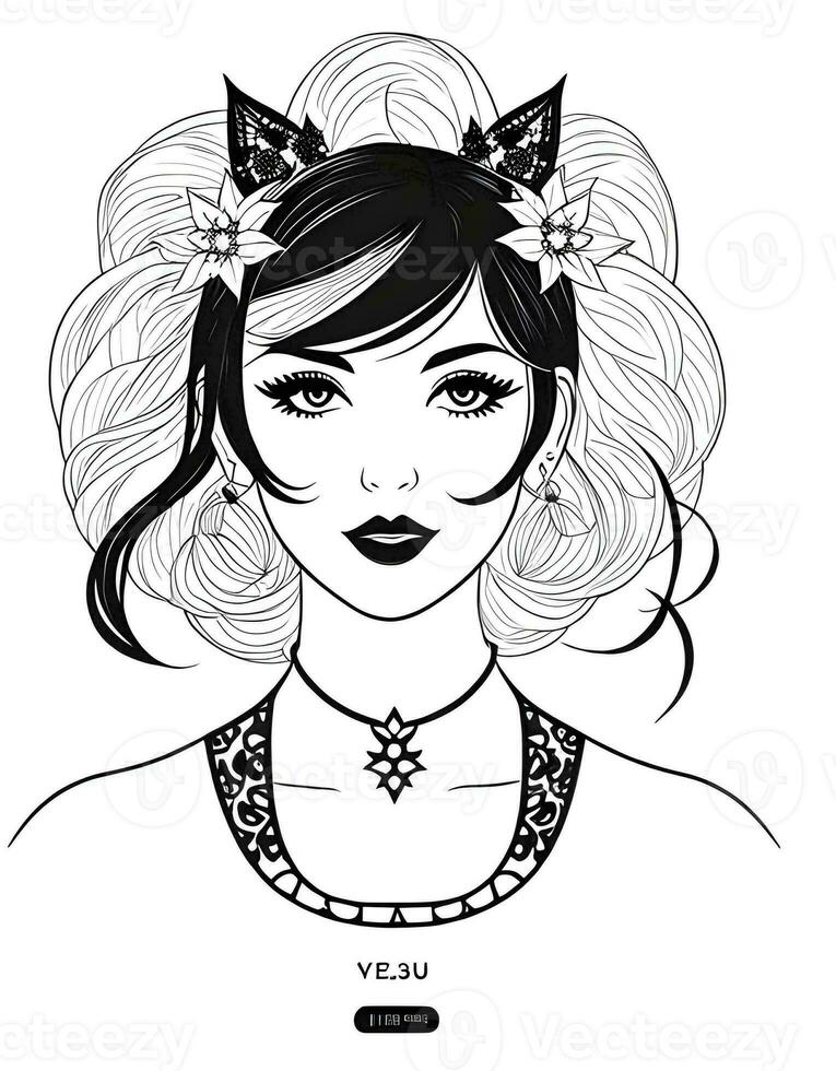 AI generated Fantasy generative AI on the theme of Belladonna. Black and White portrait of a fairytale woman in floral style. photo