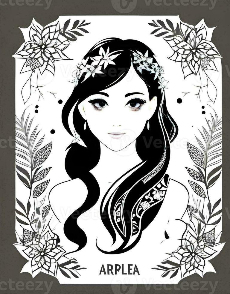 AI generated Fantasy generative AI on the theme of Belladonna. Black and White portrait of a fairytale woman in floral style. photo