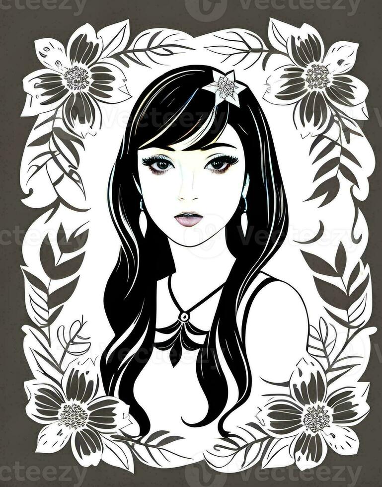 AI generated Fantasy generative AI on the theme of Belladonna. Black and White portrait of a fairytale woman in floral style. photo