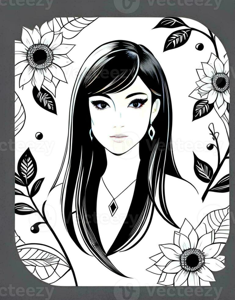 AI generated Fantasy generative AI on the theme of Belladonna. Black and White portrait of a fairytale woman in floral style. photo