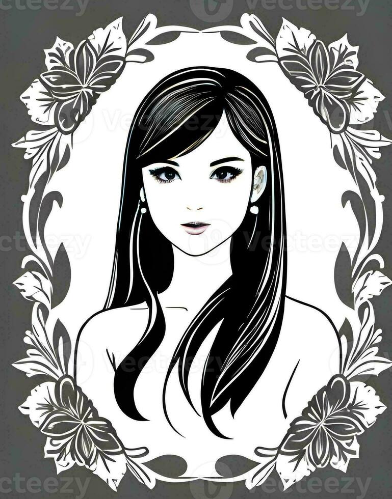 AI generated Fantasy generative AI on the theme of Belladonna. Black and White portrait of a fairytale woman in floral style. photo